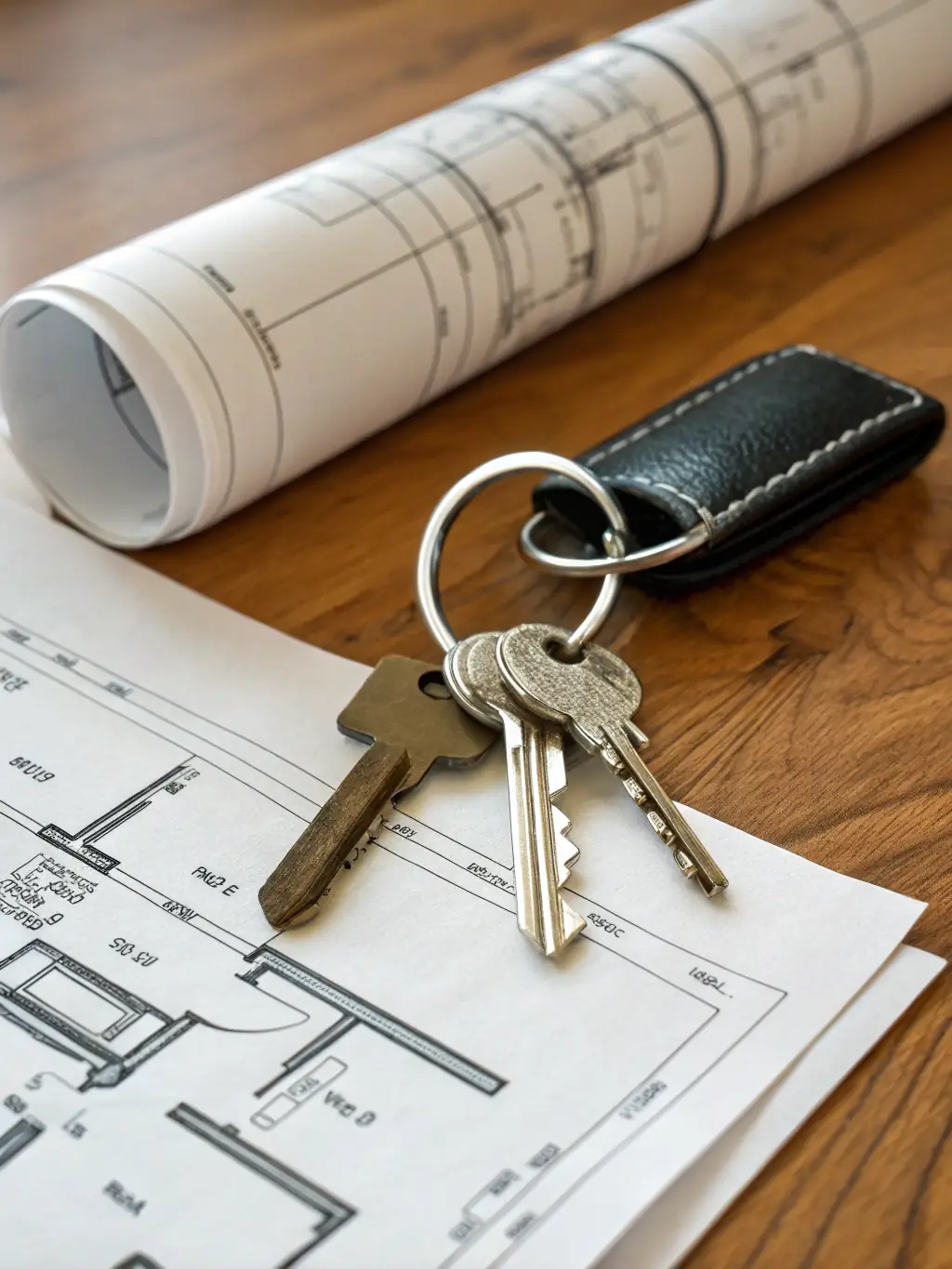 A set of keys and a miniature house, representing real estate law.