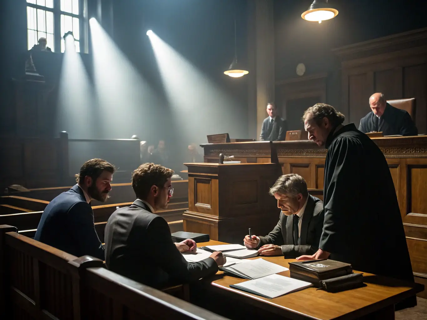 A professional image depicting a courtroom setting with lawyers in discussion, symbolizing strategic litigation and legal expertise.
