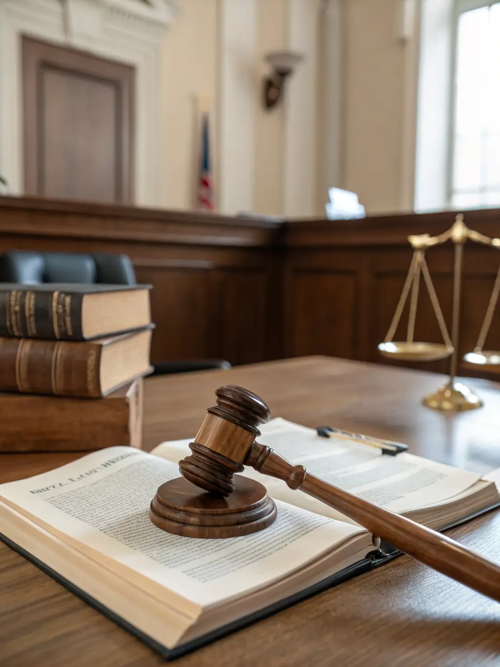 A gavel resting on a stack of legal documents in a courtroom setting, symbolizing litigation.