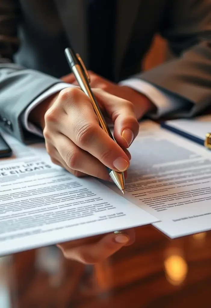 A close-up of a contract being reviewed by a legal professional, highlighting the meticulous attention to detail in Jurídico Rohkus' contract law services.